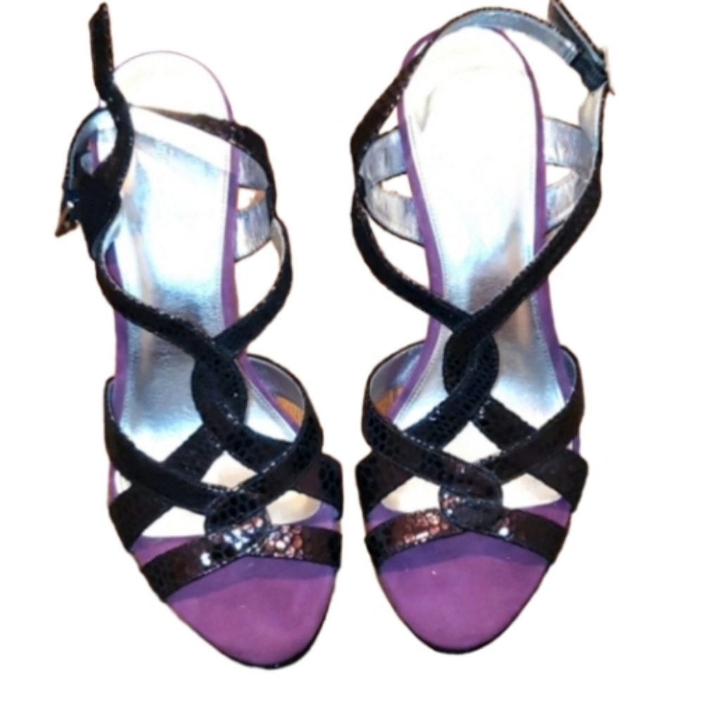 Calvin klein purple snakeskin heeled sandals. 10